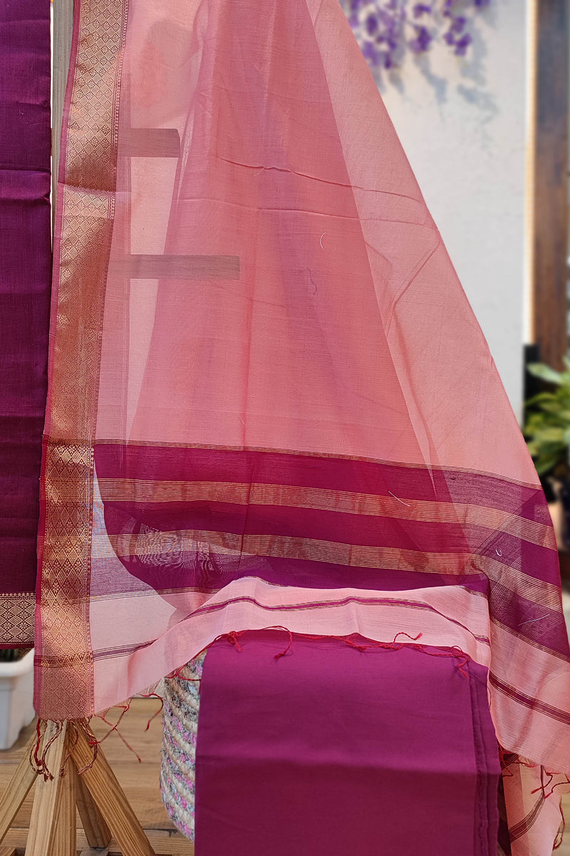 Wine & Pink Maheshwari Silk Suit Set with Woven Border Dupatta & Cotton Bottom