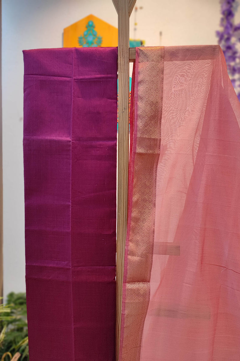 Wine & Pink Maheshwari Silk Suit Set with Woven Border Dupatta & Cotton Bottom