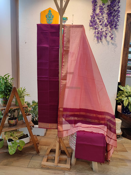 Wine & Pink Maheshwari Silk Suit Set with Woven Border Dupatta & Cotton Bottom