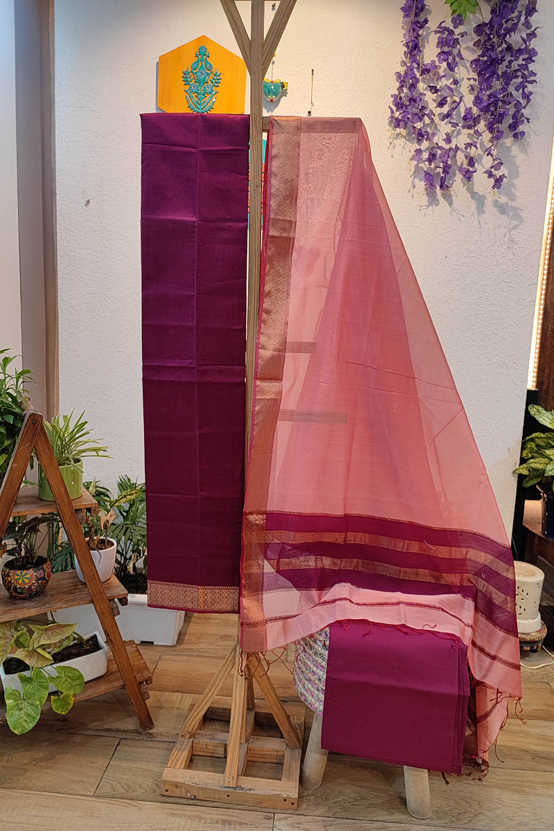 Wine & Pink Maheshwari Silk Suit Set with Woven Border Dupatta & Cotton Bottom