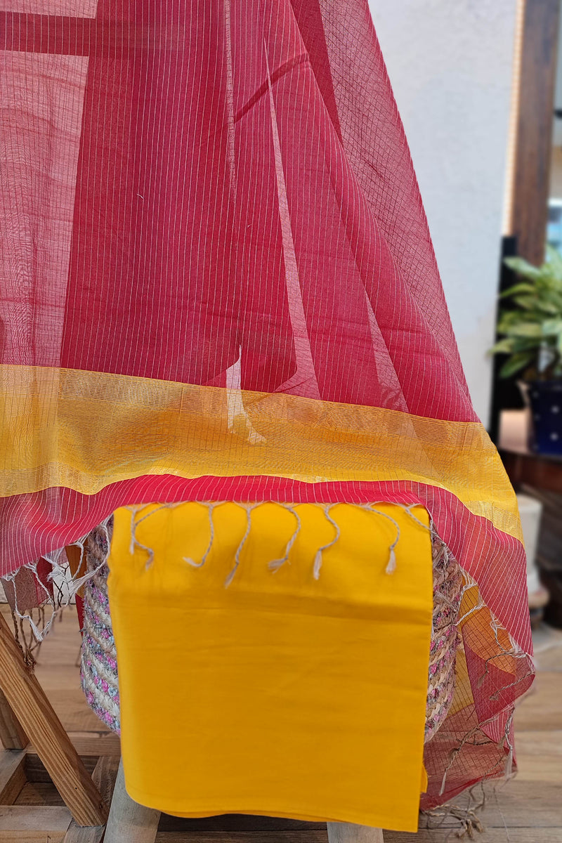 Mustard & Pink Maheshwari Silk Suit Set with Contrast Border Dupatta & Cotton Bottom Mustard
