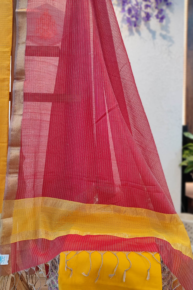 Mustard & Pink Maheshwari Silk Suit Set with Contrast Border Dupatta & Cotton Bottom Mustard