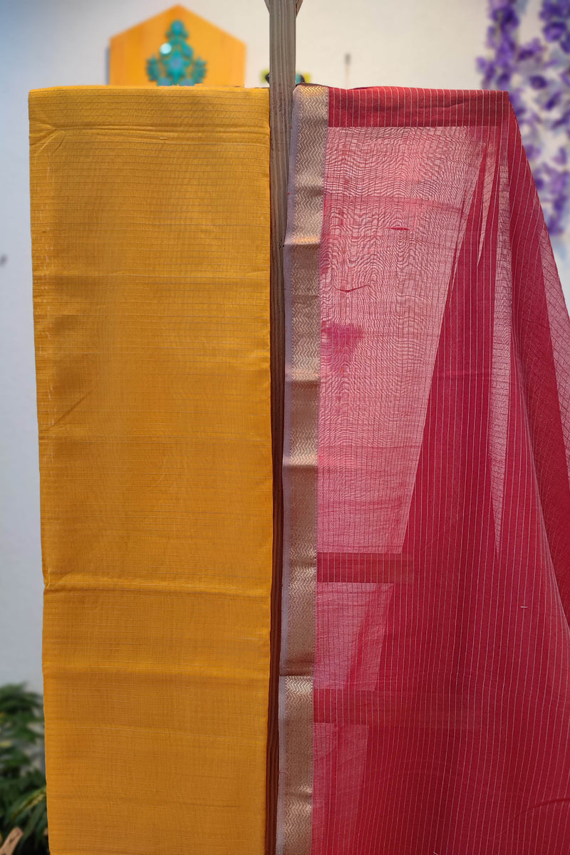 Mustard & Pink Maheshwari Silk Suit Set with Contrast Border Dupatta & Cotton Bottom Mustard