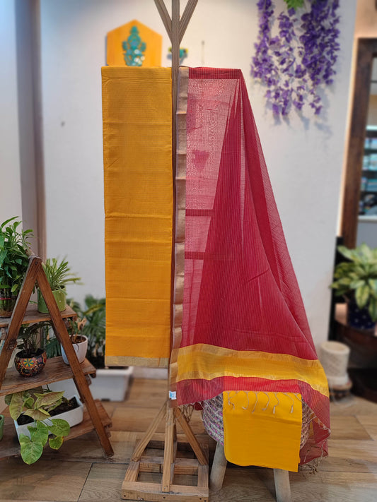 Mustard & Pink Maheshwari Silk Suit Set with Contrast Border Dupatta & Cotton Bottom Mustard
