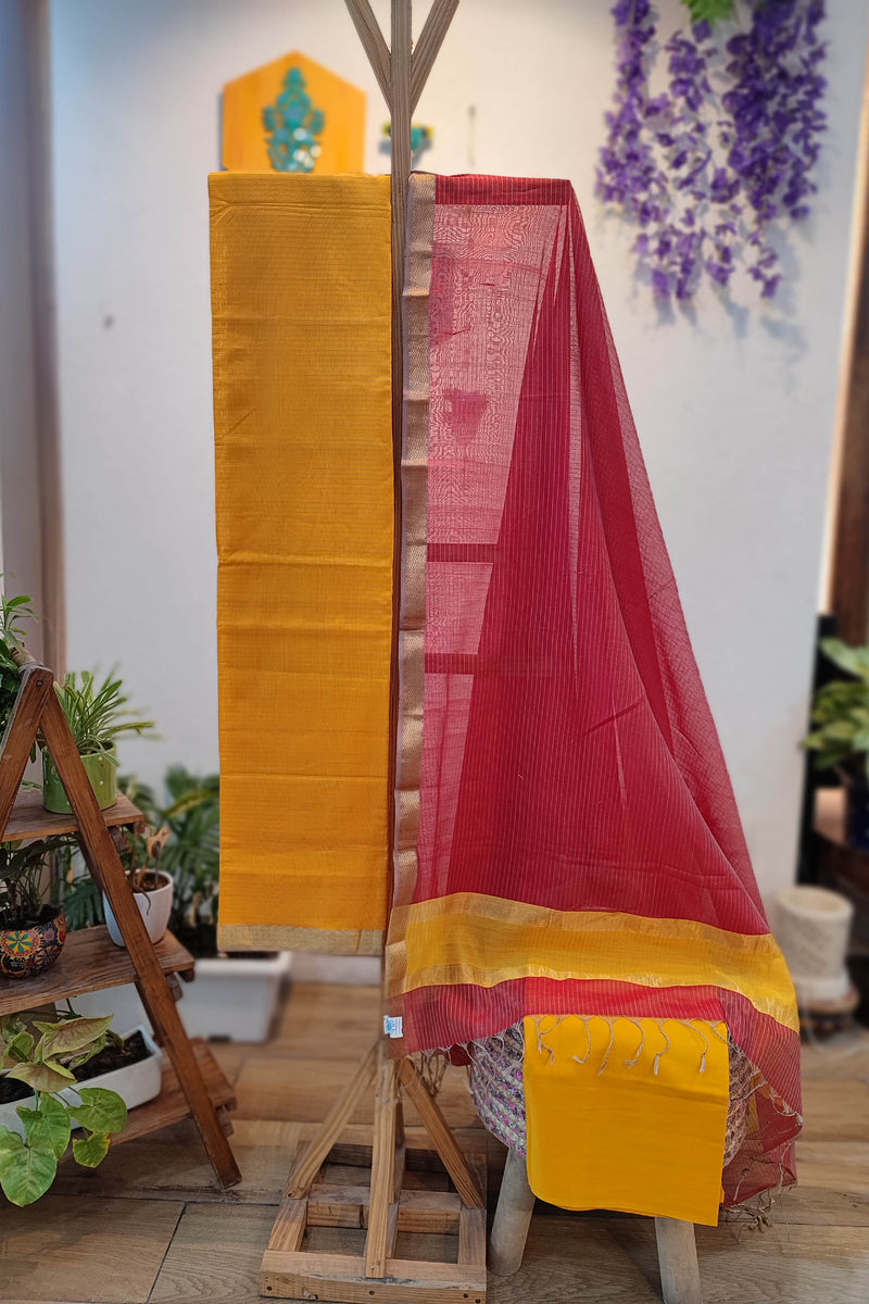 Mustard & Pink Maheshwari Silk Suit Set with Contrast Border Dupatta & Cotton Bottom Mustard