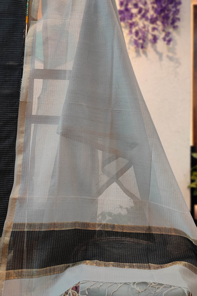 Black & Sky Blue Maheshwari Silk Suit Set with Contrast Border Dupatta & Cotton Bottom