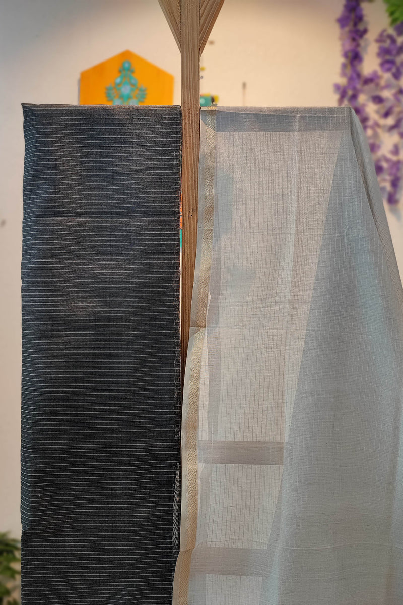 Black & Sky Blue Maheshwari Silk Suit Set with Contrast Border Dupatta & Cotton Bottom