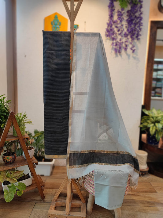Black & Sky Blue Maheshwari Silk Suit Set with Contrast Border Dupatta & Cotton Bottom