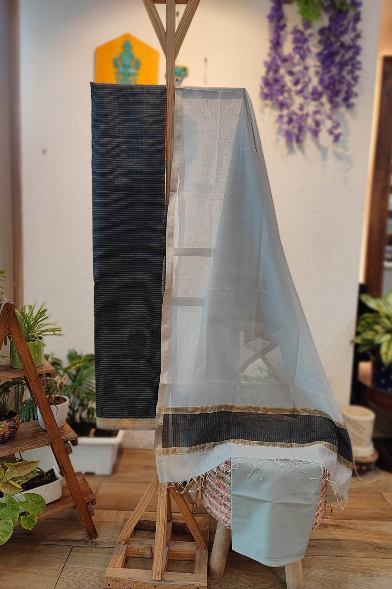 Black & Sky Blue Maheshwari Silk Suit Set with Contrast Border Dupatta & Cotton Bottom