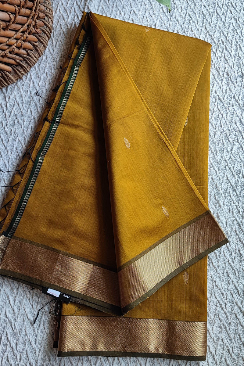 Mustard Gold Maheshwari Silk Saree with Golden Buti & Contrast Zari Border