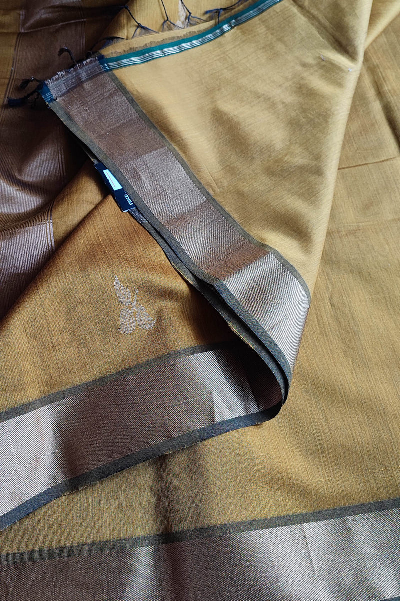 Mustard Gold Maheshwari Silk Saree with Golden Buti & Contrast Zari Border