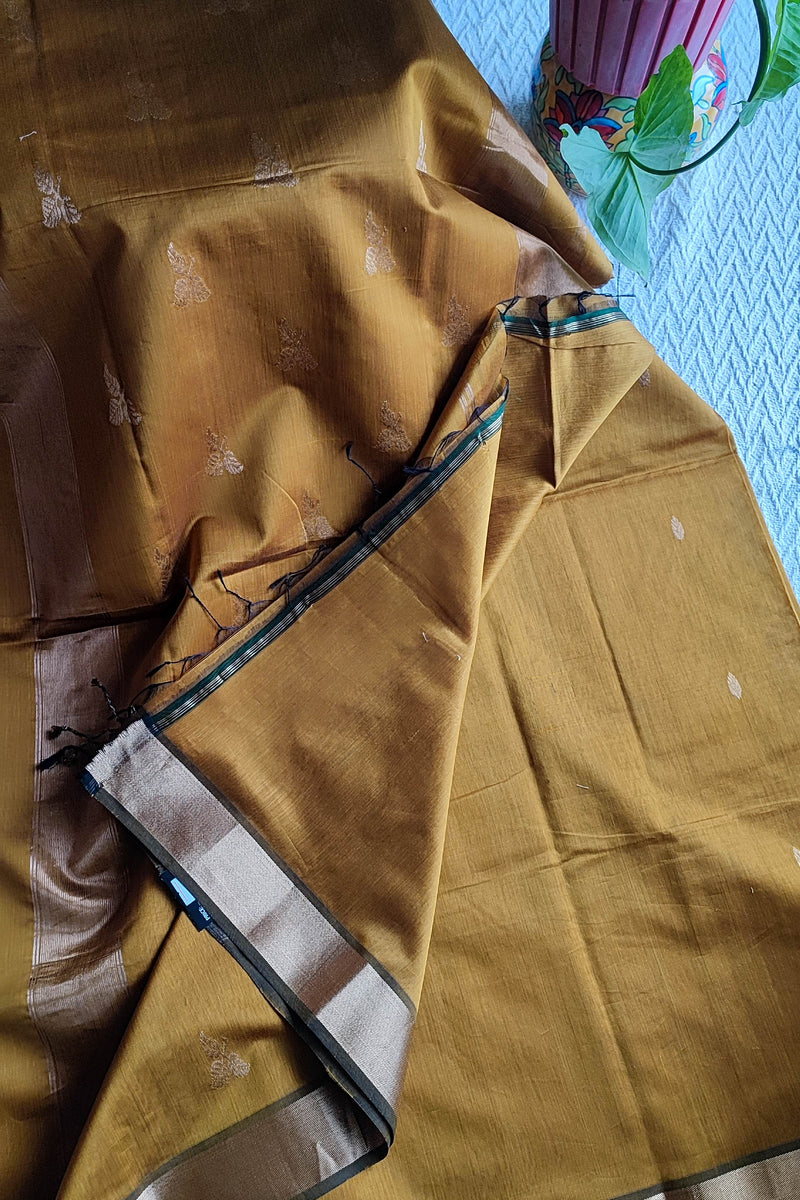 Mustard Gold Maheshwari Silk Saree with Golden Buti & Contrast Zari Border