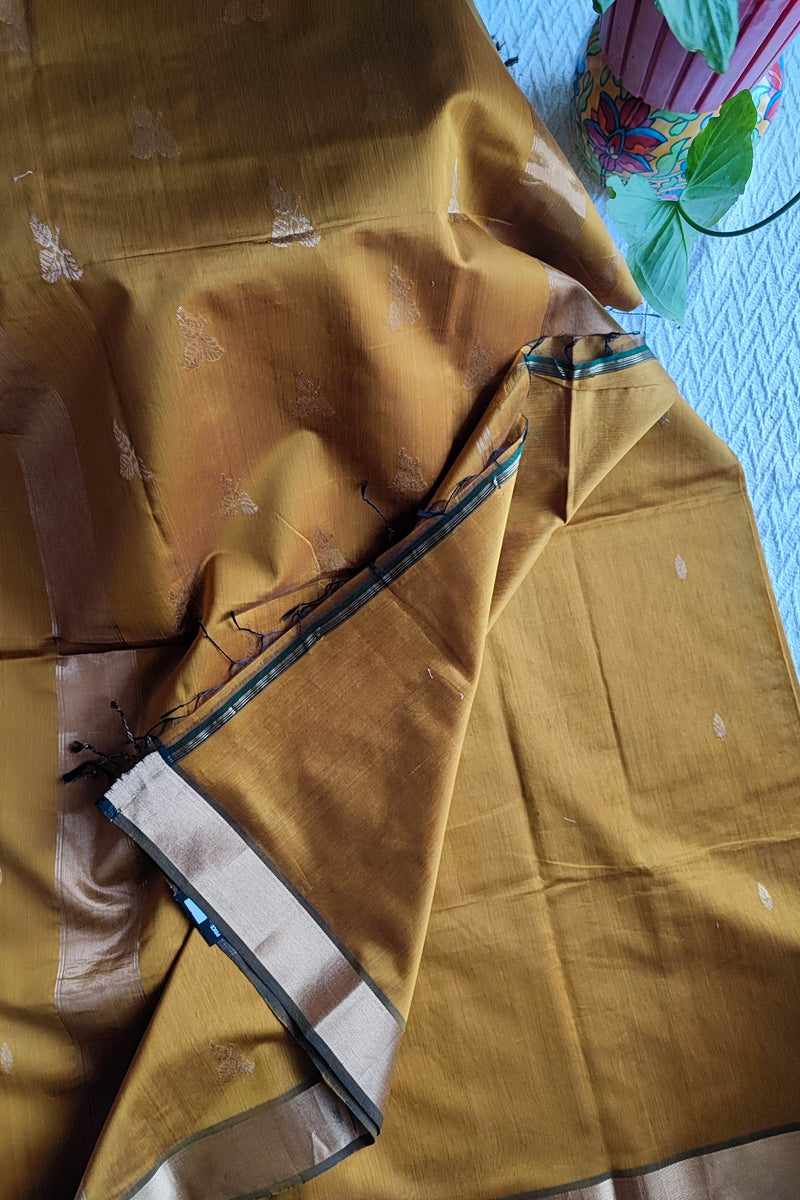 Mustard Gold Maheshwari Silk Saree with Golden Buti & Contrast Zari Border