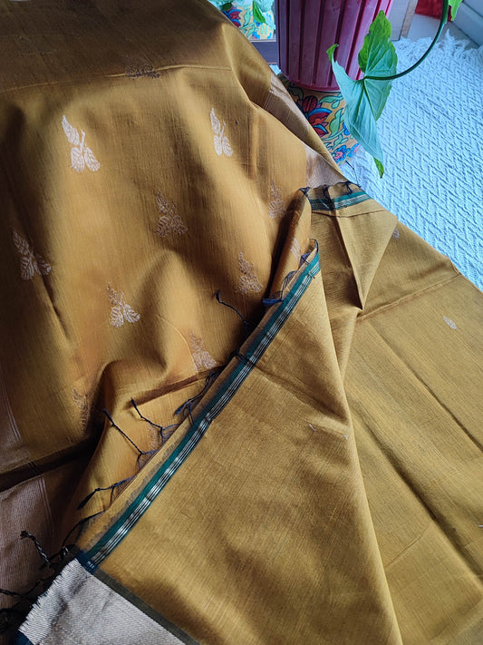 Mustard Gold Maheshwari Silk Saree with Golden Buti & Contrast Zari Border
