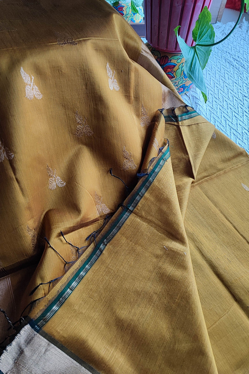 Mustard Gold Maheshwari Silk Saree with Golden Buti & Contrast Zari Border