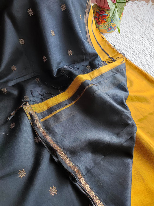 Charcoal Grey & Mustard Maheshwari Silk Saree with Golden Buti & Zari Border