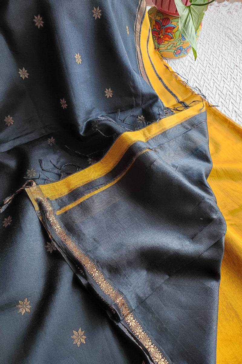 Charcoal Grey & Mustard Maheshwari Silk Saree with Golden Buti & Zari Border