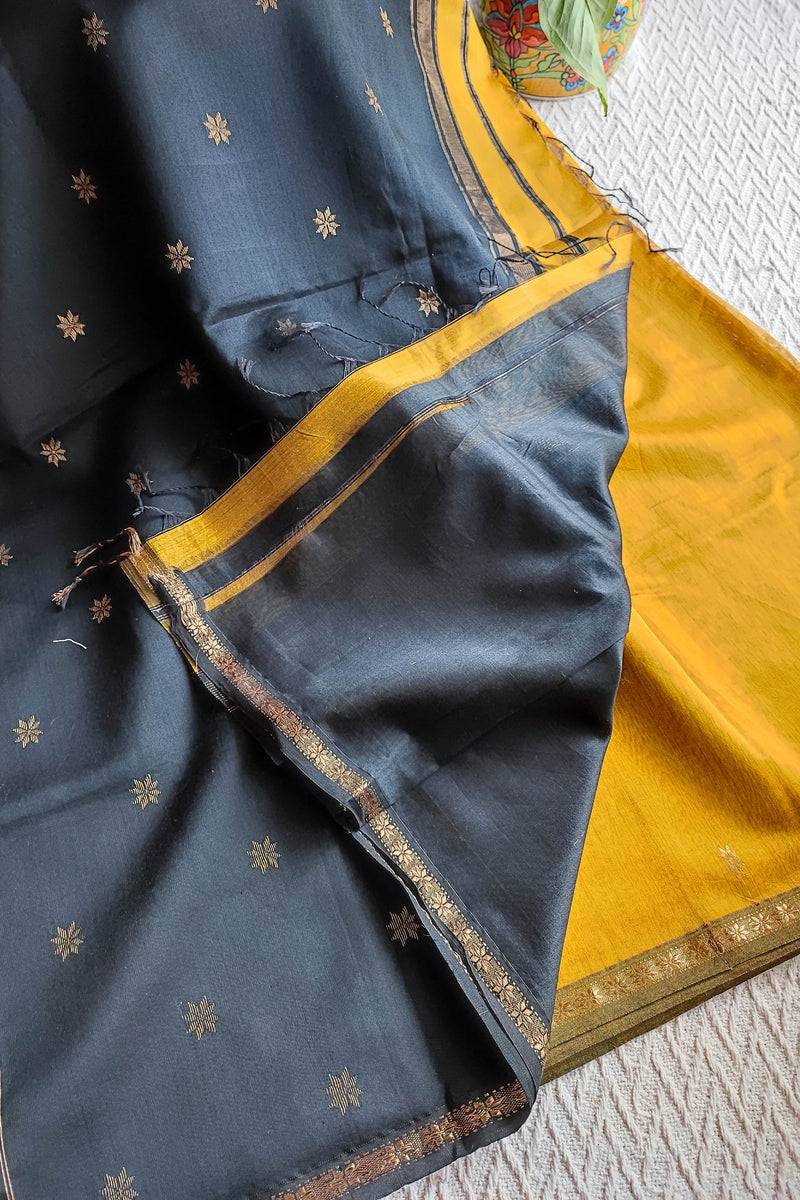 Charcoal Grey & Mustard Maheshwari Silk Saree with Golden Buti & Zari Border