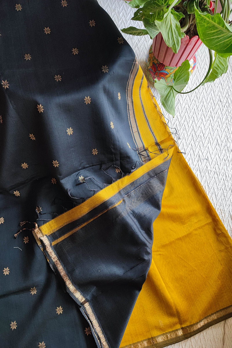 Charcoal Grey & Mustard Maheshwari Silk Saree with Golden Buti & Zari Border