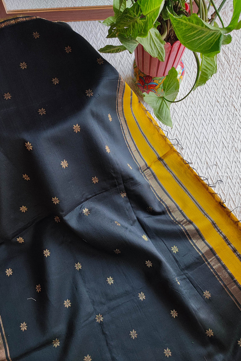 Charcoal Grey & Mustard Maheshwari Silk Saree with Golden Buti & Zari Border