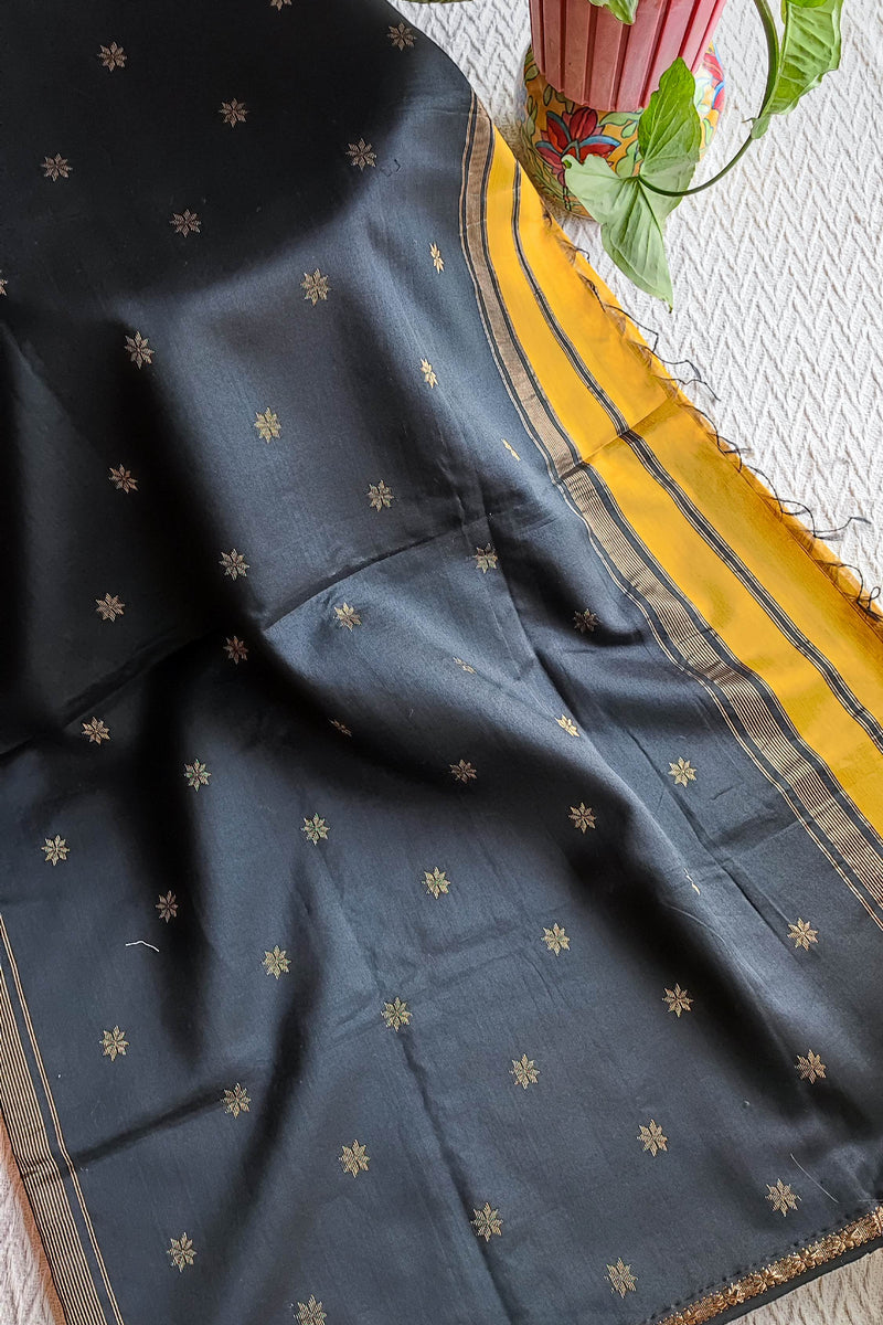 Charcoal Grey & Mustard Maheshwari Silk Saree with Golden Buti & Zari Border