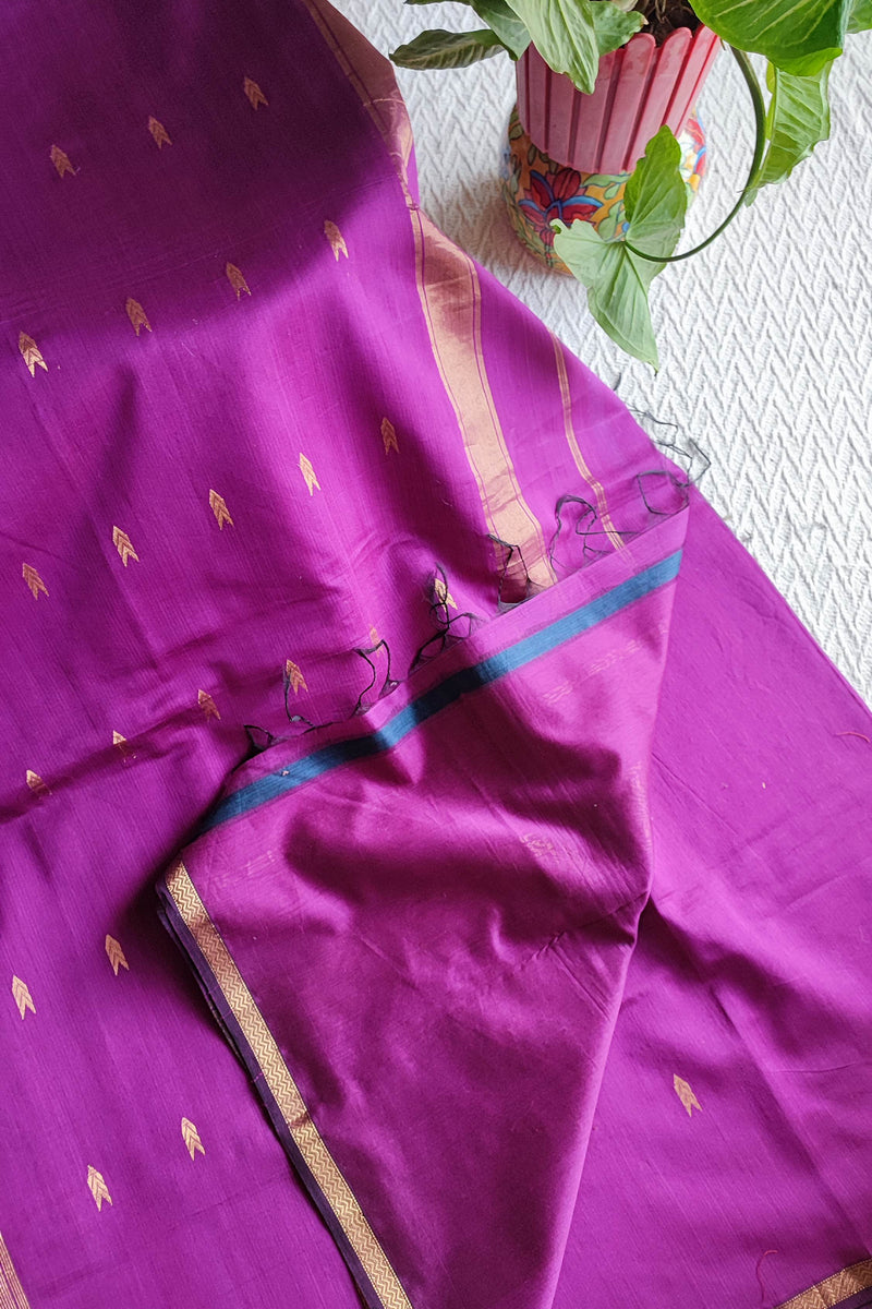 Magenta Purple Maheshwari Silk Saree with Golden Buti & Woven Zari Border