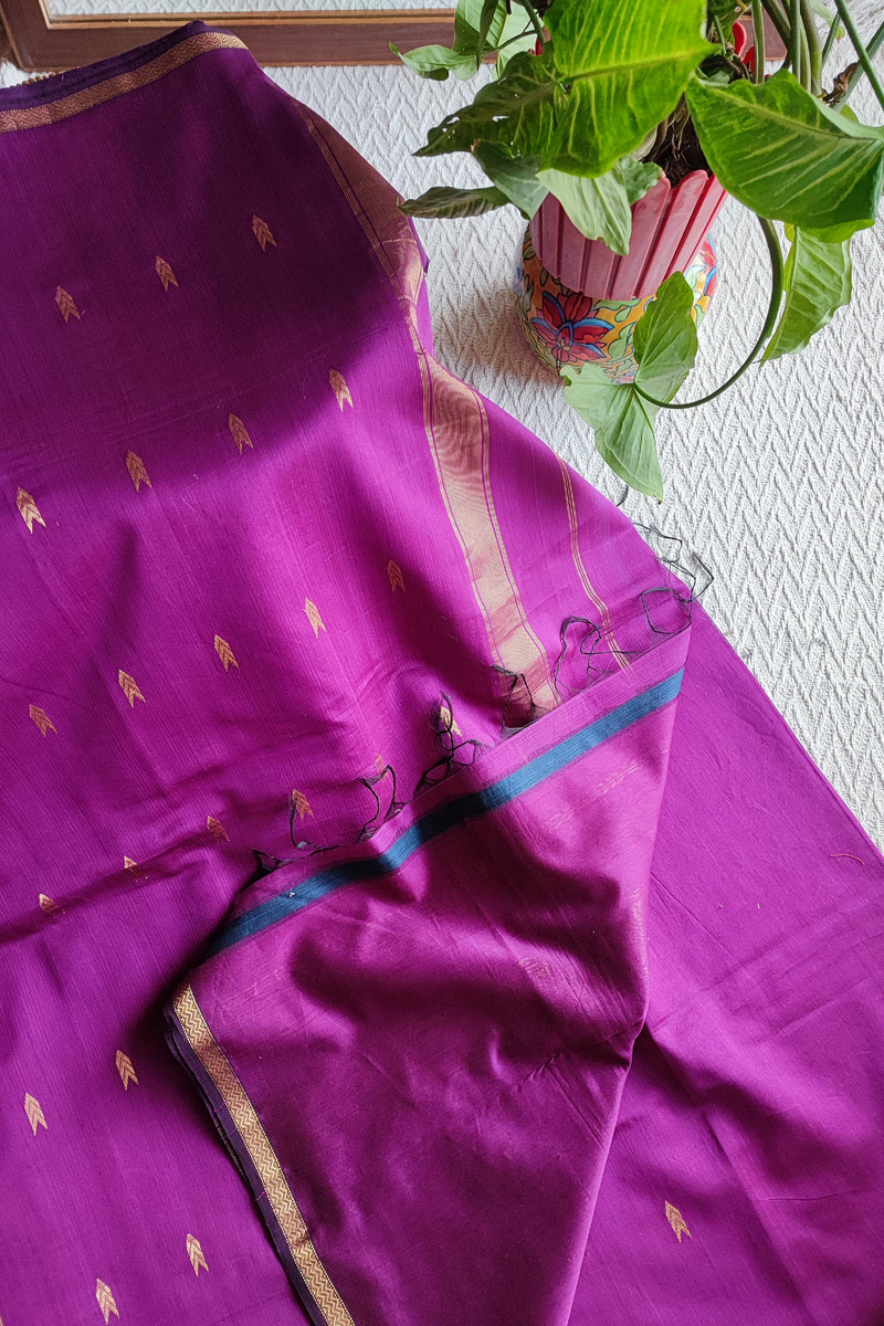 Magenta Purple Maheshwari Silk Saree with Golden Buti & Woven Zari Border