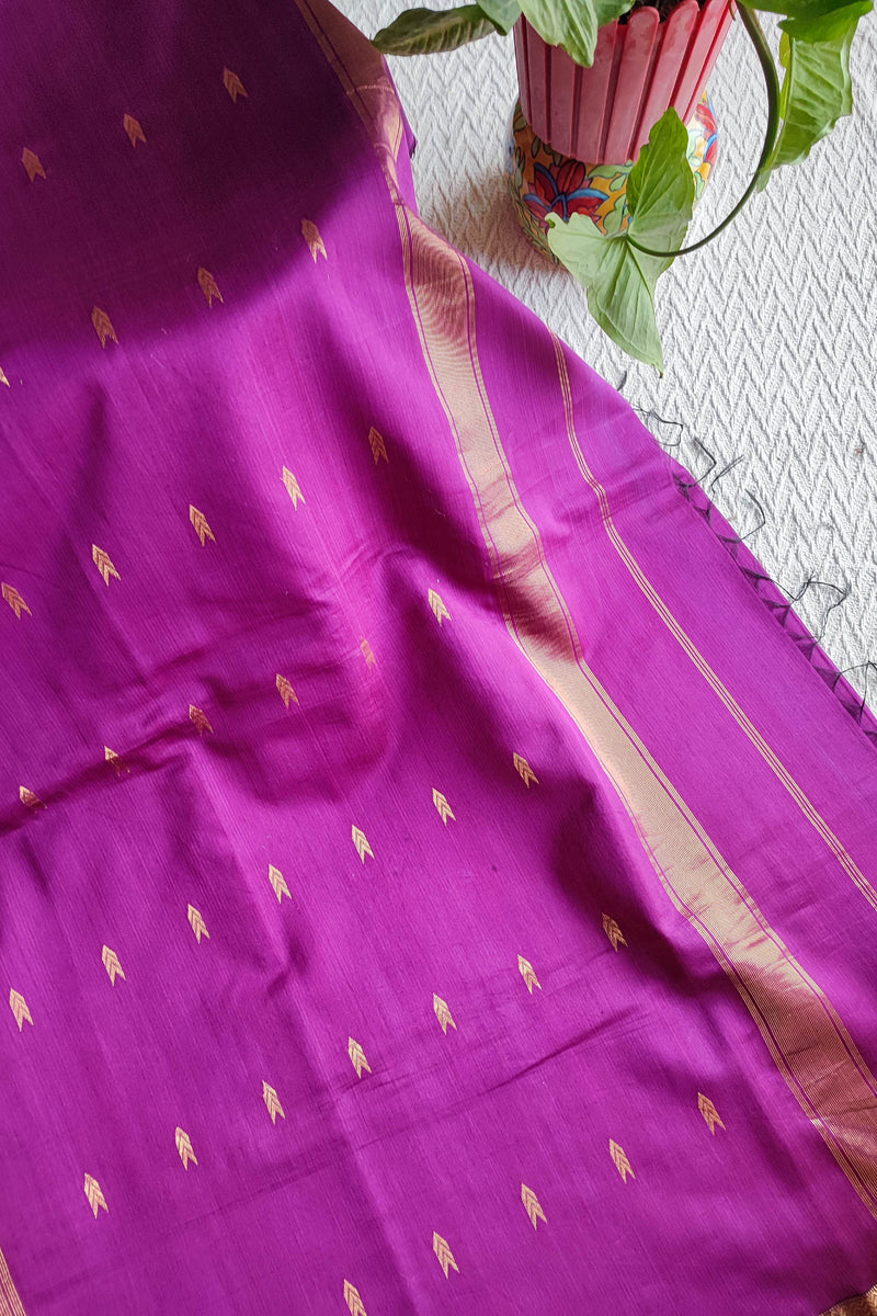 Magenta Purple Maheshwari Silk Saree with Golden Buti & Woven Zari Border