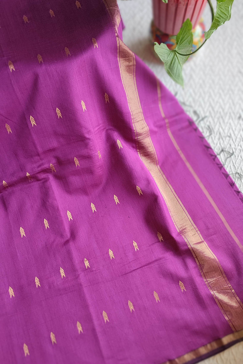 Magenta Purple Maheshwari Silk Saree with Golden Buti & Woven Zari Border