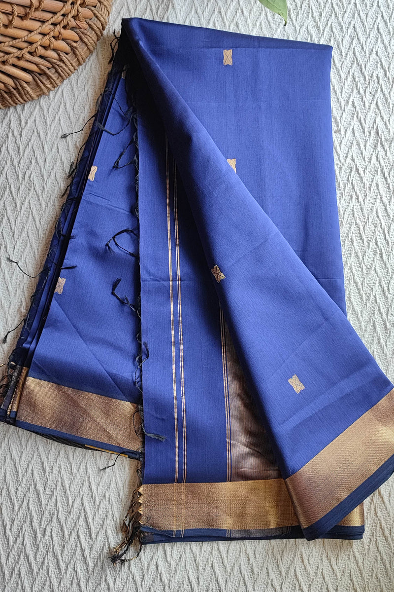 Royal Blue Maheshwari Silk Saree with Golden Woven Buti & Zari Border