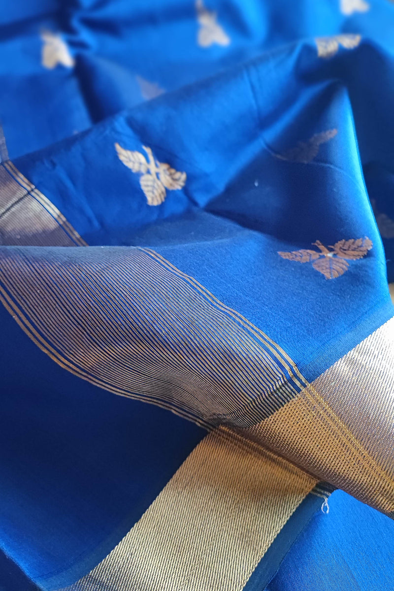 Royal Blue Maheshwari Silk Saree with Golden Woven Buti & Zari Border