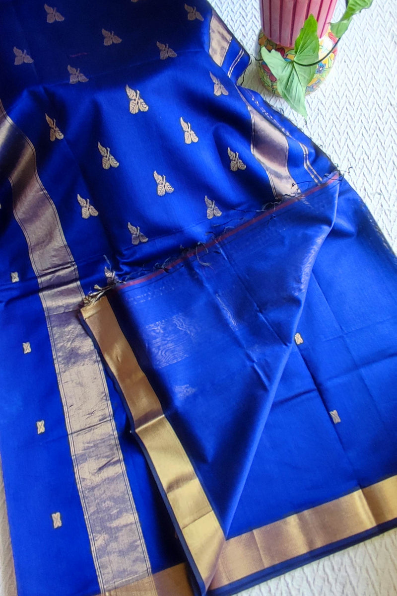 Royal Blue Maheshwari Silk Saree with Golden Woven Buti & Zari Border