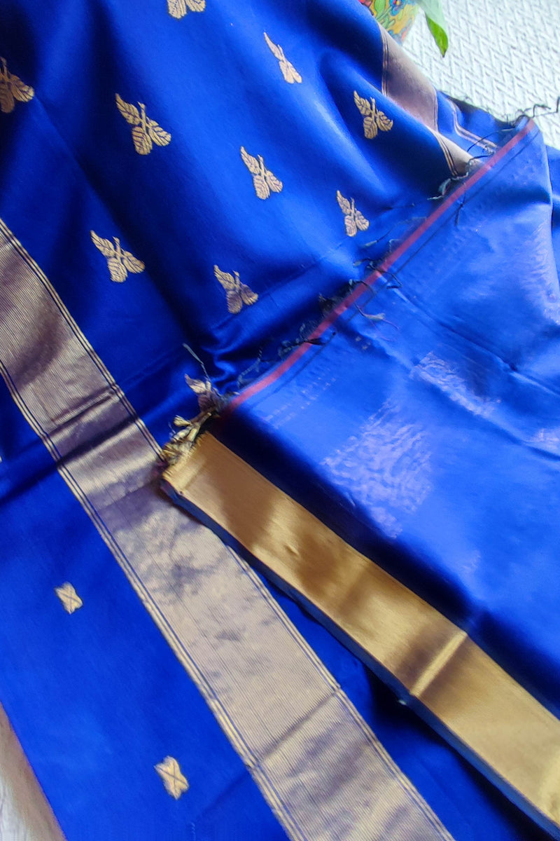 Royal Blue Maheshwari Silk Saree with Golden Woven Buti & Zari Border