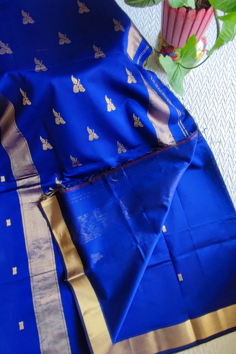 Royal Blue Maheshwari Silk Saree with Golden Woven Buti & Zari Border