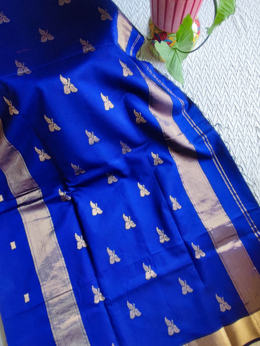Royal Blue Maheshwari Silk Saree with Golden Woven Buti & Zari Border