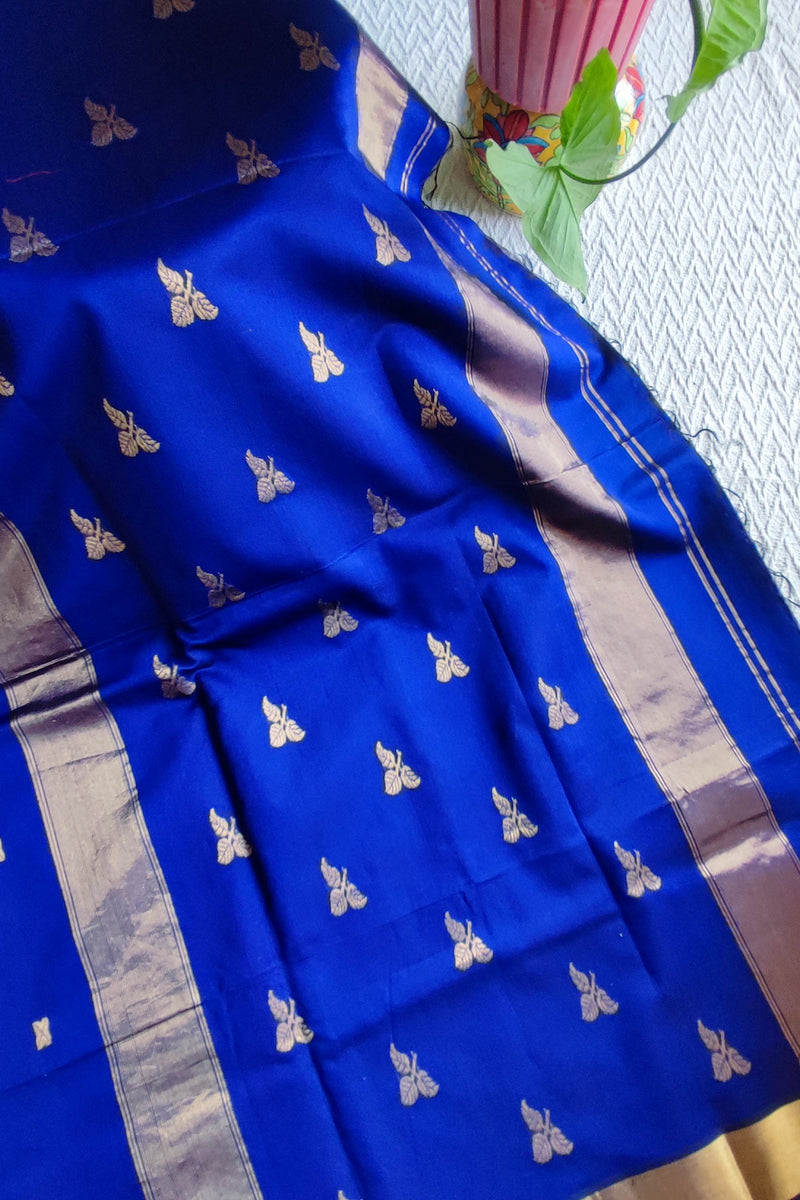 Royal Blue Maheshwari Silk Saree with Golden Woven Buti & Zari Border
