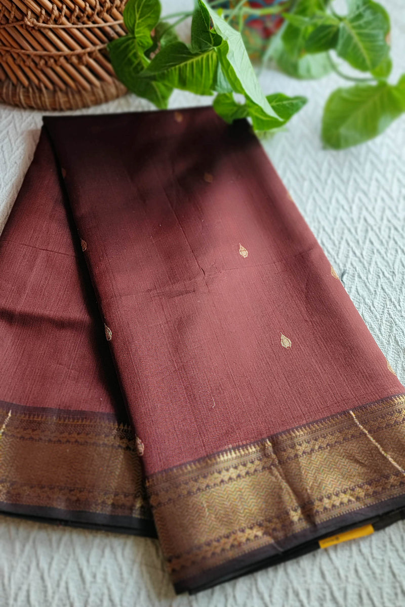 Wine Maroon Maheshwari Silk Saree with Zari Buti & Woven Border