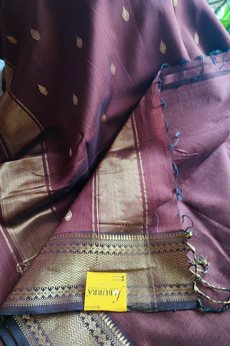 Wine Maroon Maheshwari Silk Saree with Zari Buti & Woven Border