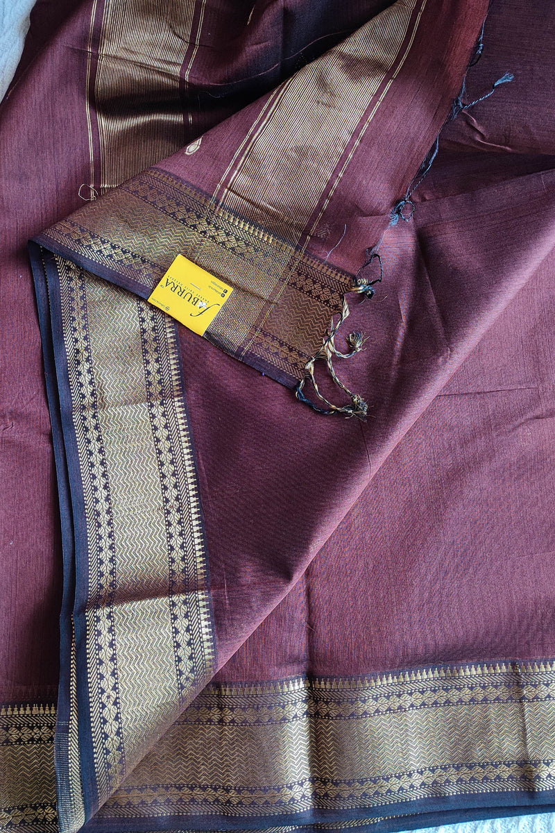 Wine Maroon Maheshwari Silk Saree with Zari Buti & Woven Border