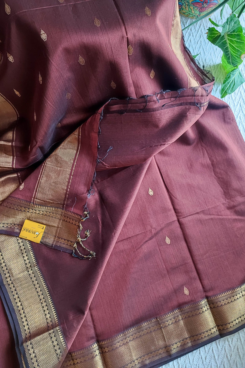 Wine Maroon Maheshwari Silk Saree with Zari Buti & Woven Border