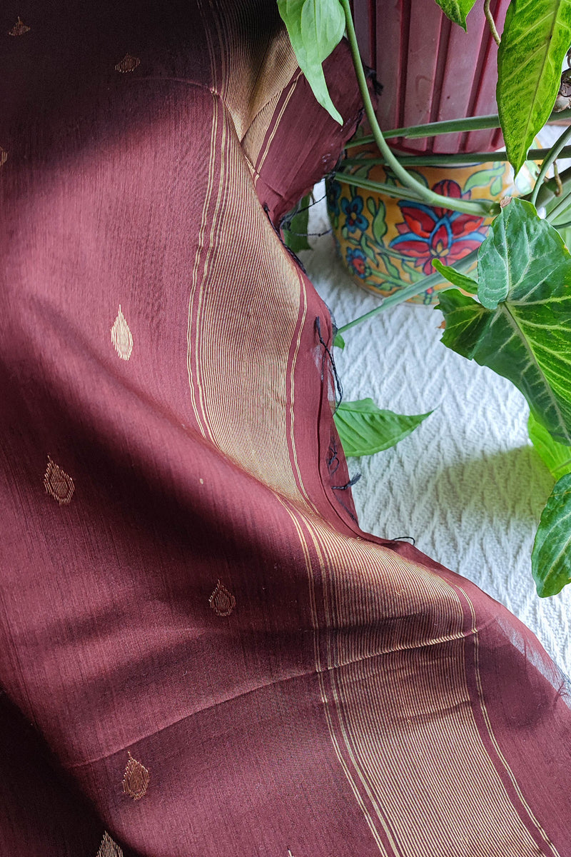 Wine Maroon Maheshwari Silk Saree with Zari Buti & Woven Border