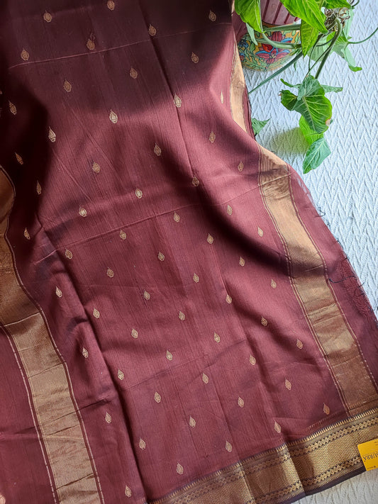 Wine Maroon Maheshwari Silk Saree with Zari Buti & Woven Border