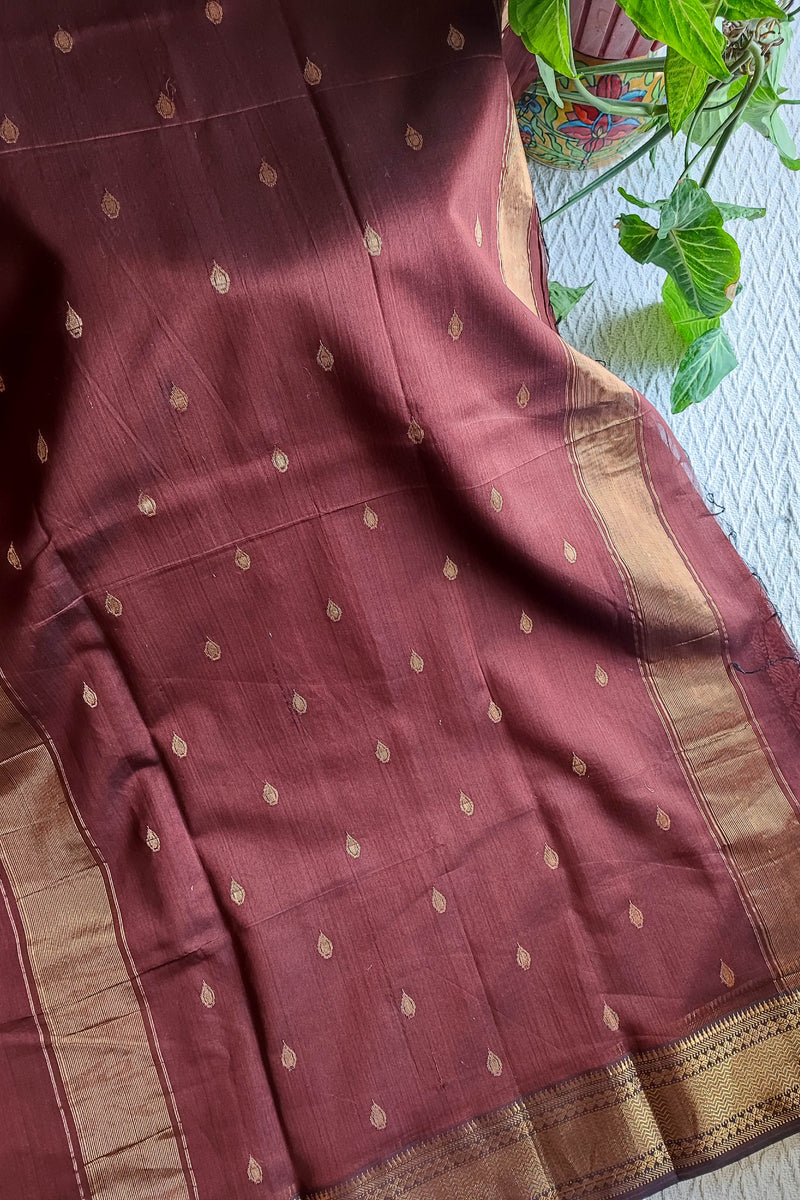 Wine Maroon Maheshwari Silk Saree with Zari Buti & Woven Border