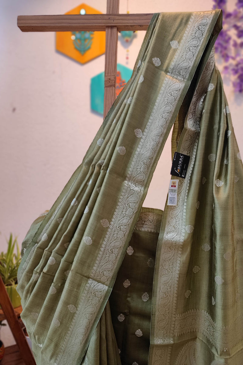 Sage Green Banarasi Silk Saree with Silver Zari Buti & Paisley Pallu