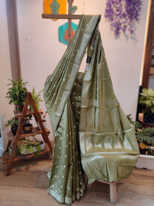 Sage Green Banarasi Silk Saree with Silver Zari Buti & Paisley Pallu