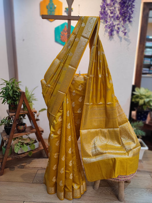 Mustard Gold Banarasi Silk Saree with Silver Zari Buti & Heavy Pallu