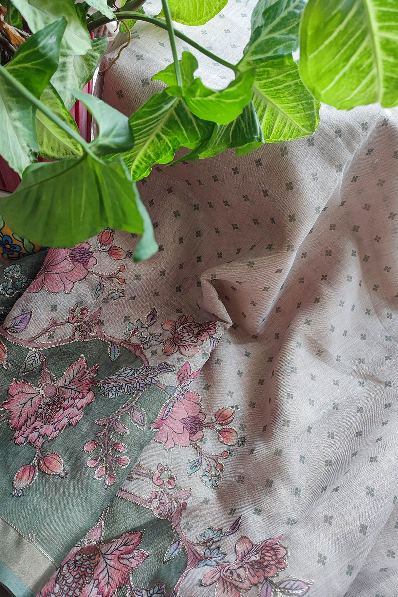 Sage Green Linen by Cotton Saree with Floral Embroidery & Printed Border