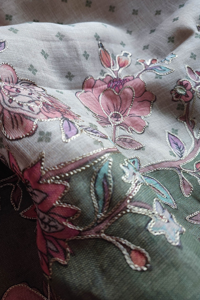 Sage Green Linen by Cotton Saree with Floral Embroidery & Printed Border