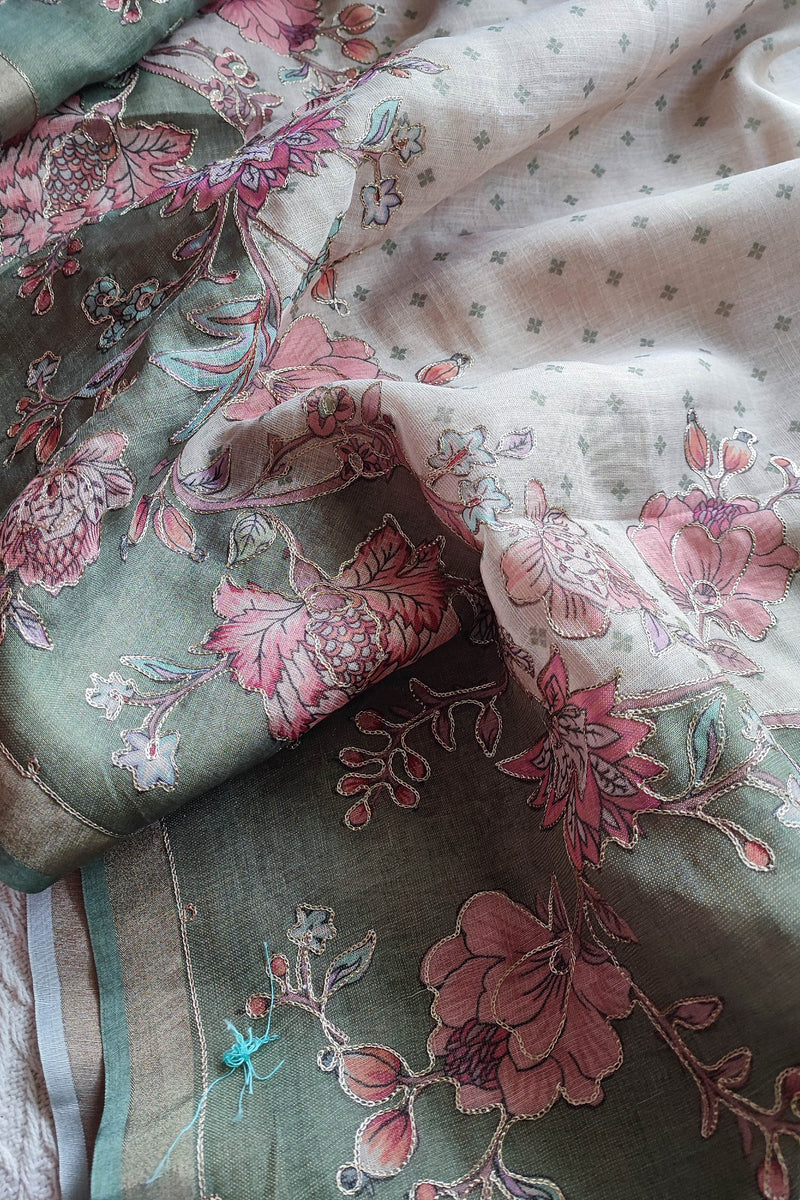 Sage Green Linen by Cotton Saree with Floral Embroidery & Printed Border