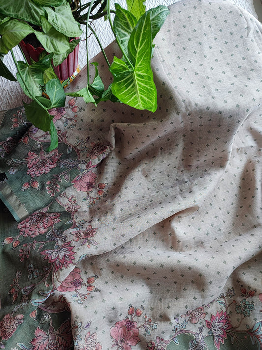Sage Green Linen by Cotton Saree with Floral Embroidery & Printed Border